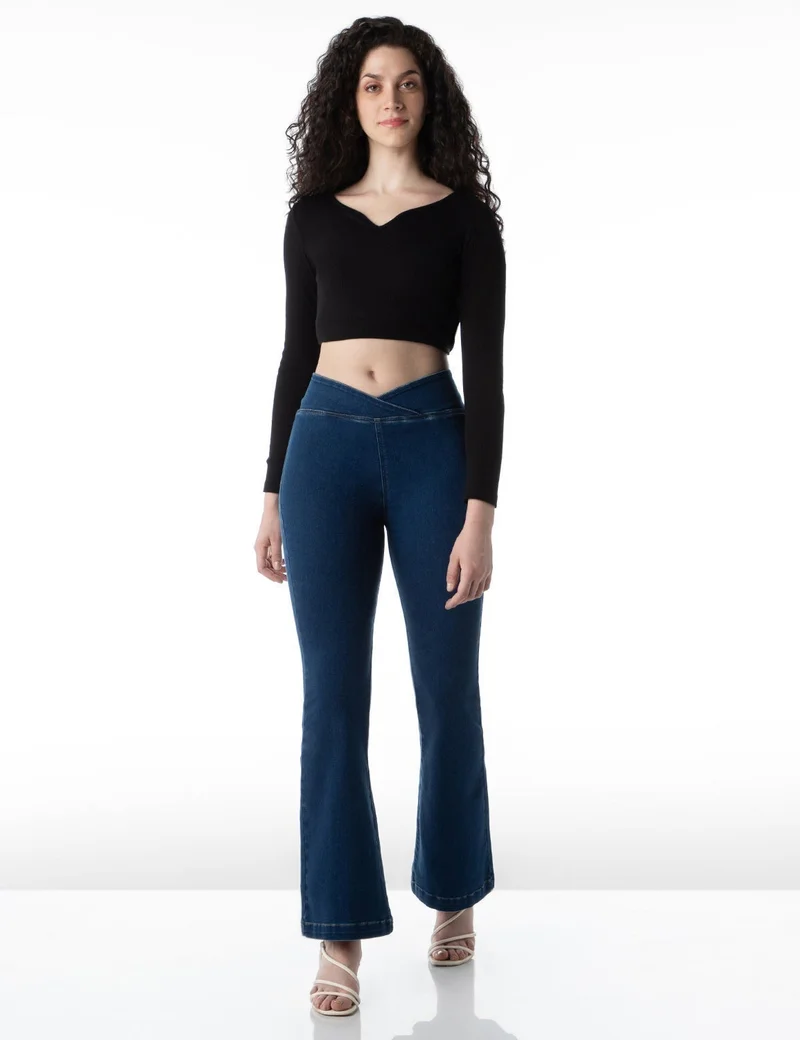 inkd Mid Blue Women's Flared Pull-on Jeans - Mid-Rise| Enzyme Wash | Slant Waistband | Jeans for Women for Women | Best Price UAE
